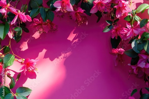 Tropical Colorful Flowers and Leaves Framing a Vibrant Background photo