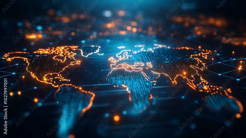 Fototapeta premium Digital World Map with Illuminated Continents and Interconnected Network