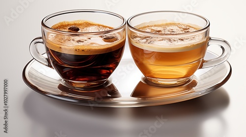 Set with cups of hot aromatic espresso coffee on transparent background.