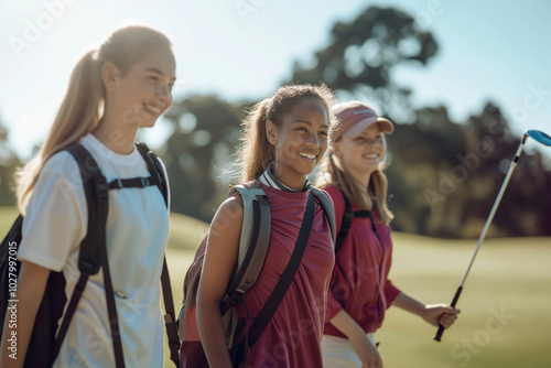 Three young women are walking on a golf course, smiling and carrying backpacks