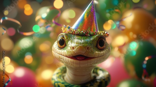 Funny smiling green snake in shiny party hat on festive blurred background with colorful glowing balloons and bokeh, greeting card Happy New Year and Merry Christmas