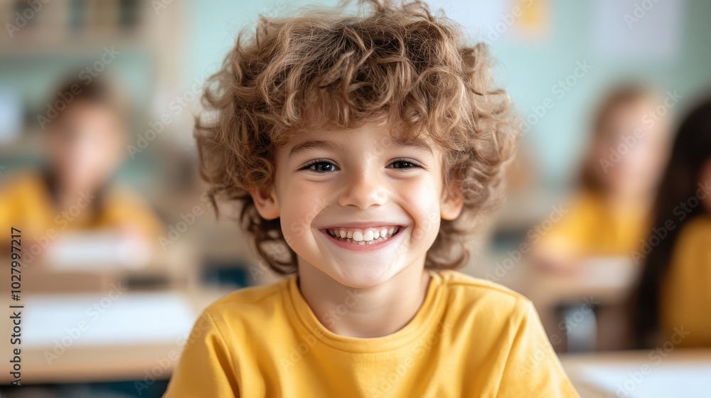 An exuberant child with curly hair is shown smiling brightly and joyfully within a lively classroom environment, symbolizing childhood enthusiasm and vivacity. An exuberant child with curly hair is shown smiling brightly and joyfully within a lively classroom environment, symbolizing childhood enthusiasm and vivacity.