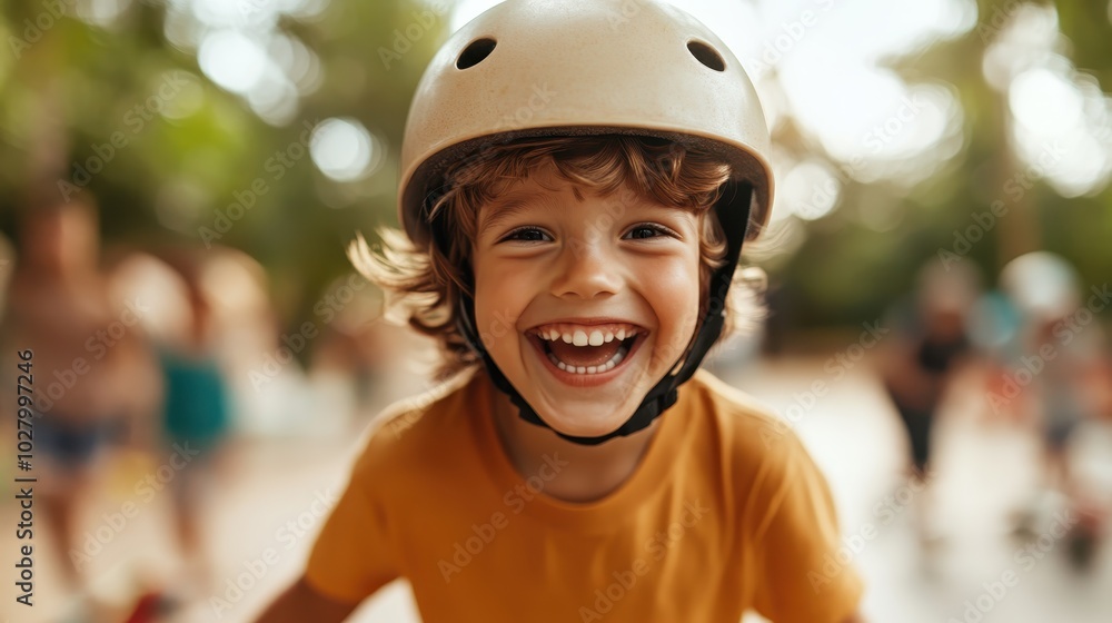 A happy child wearing a white helmet and a yellow shirt laughs heartily while engaging in outdoor activities under bright daylight with blurred background motion. A happy child wearing a white helmet and a yellow shirt laughs heartily while engaging in outdoor activities under bright daylight with blurred background motion.