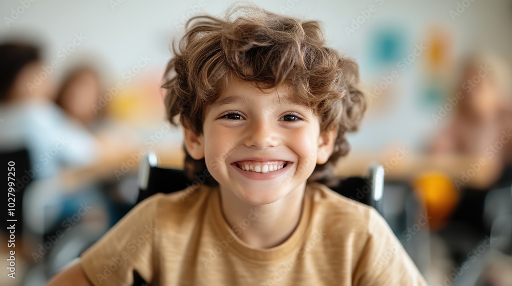 A joyful child with curly hair beams a bright smile while sitting in a classroom, creating a warm and welcoming atmosphere filled with positivity and happiness. A joyful child with curly hair beams a bright smile while sitting in a classroom, creating a warm and welcoming atmosphere filled with positivity and happiness.