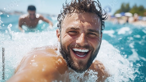 A man captures splashes of water while joyously navigating the sunny sea, portraying happiness and fun in the energetic and lively ocean scenario. photo