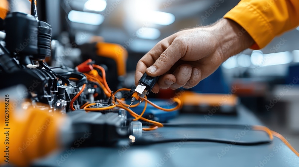 A close-up of a technician connecting a plug into an intricate circuit arrangement, highlighting technical expertise and precision in a bright laboratory setup. A close-up of a technician connecting a plug into an intricate circuit arrangement, highlighting technical expertise and precision in a bright laboratory setup.
