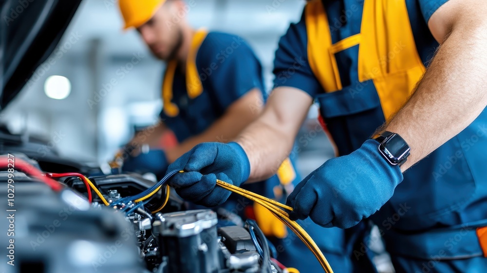 Two mechanics are working together on intricate wiring tasks under the hood of a vehicle, illustrating teamwork and technical expertise within an automotive repair shop. Two mechanics are working together on intricate wiring tasks under the hood of a vehicle, illustrating teamwork and technical expertise within an automotive repair shop.