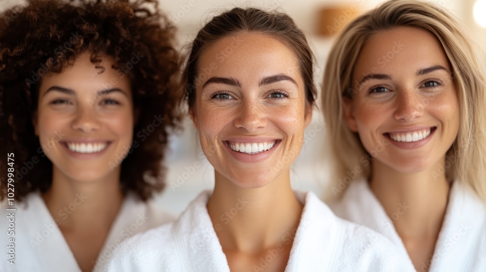 The image shows three women, each with a bright smile, dressed in white spa robes, suggesting calm and relaxation in a serene, bright setting. The image shows three women, each with a bright smile, dressed in white spa robes, suggesting calm and relaxation in a serene, bright setting.