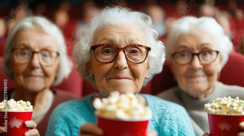 Three elderly women, holding popcorn tubs and smiling warmly, are seated side by side in a theater, engaged in enjoying a delightful cinema outing together. photo