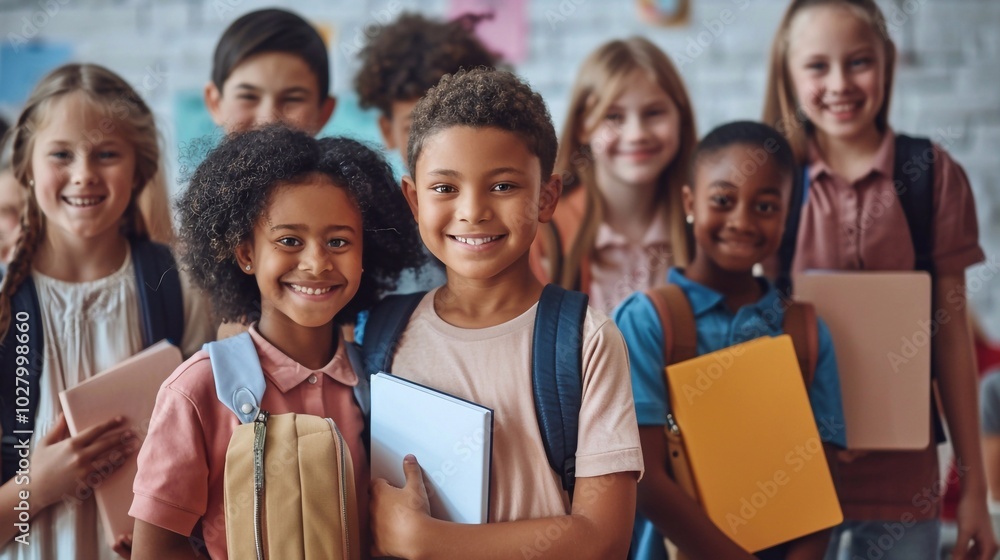 Kids Ready for School: Group with Books and Backpacks Kids Ready for School: Group with Books and Backpacks