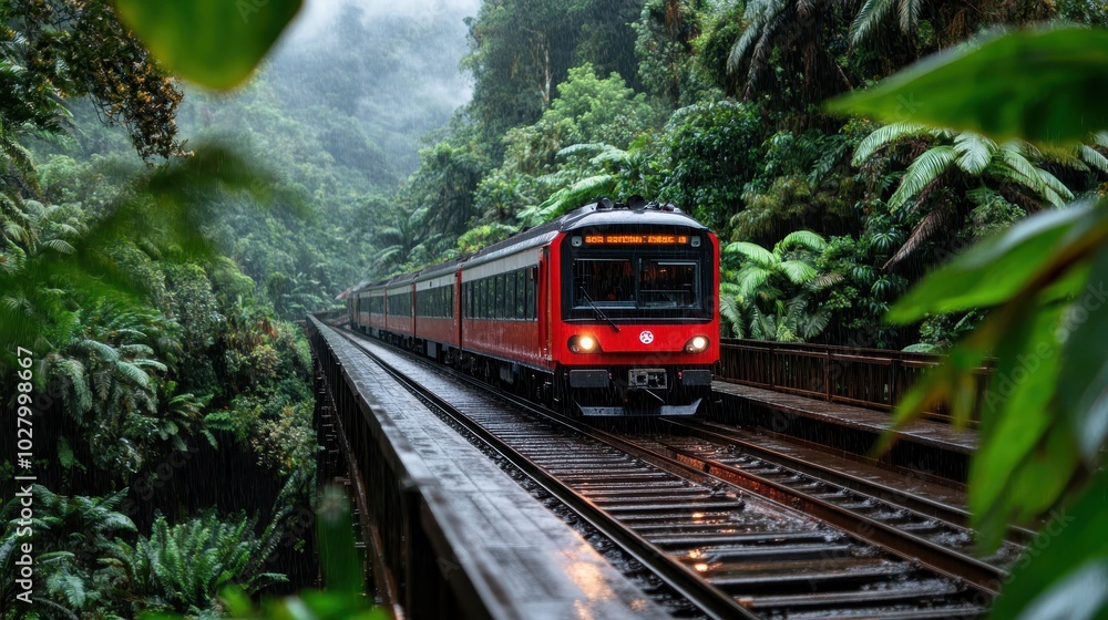 Obraz premium A sleek modern train swiftly moves along a rain-soaked track amidst dense jungle foliage, blending technology with nature in a harmonious journey forward.