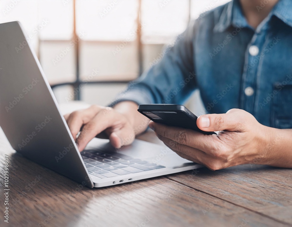 A man is working by typing on a computer while sending text messages via cell phone.generative ai A man is working by typing on a computer while sending text messages via cell phone.generative ai