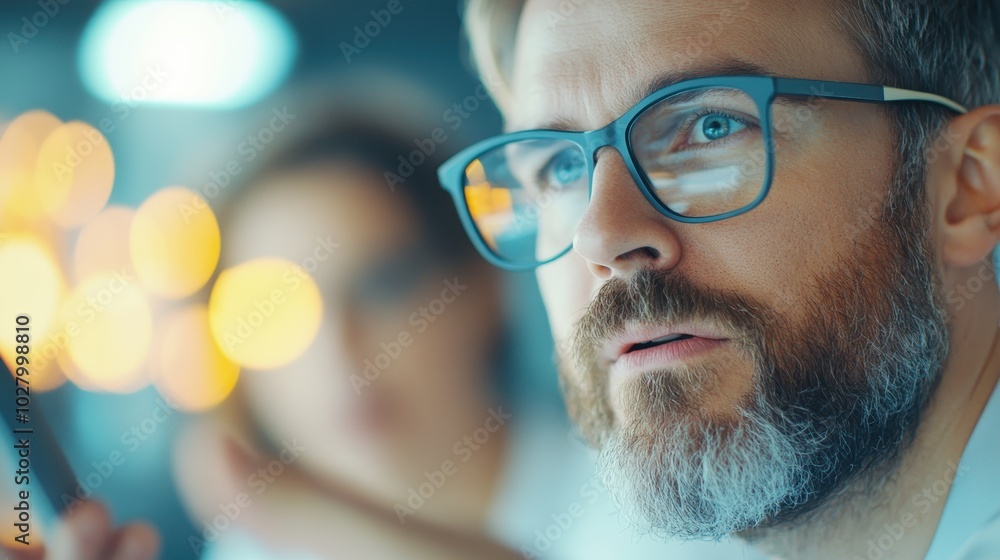 A bearded man wearing glasses looks intently at a project, with a blurred background suggesting a collaborative professional environment of concentration. A bearded man wearing glasses looks intently at a project, with a blurred background suggesting a collaborative professional environment of concentration.