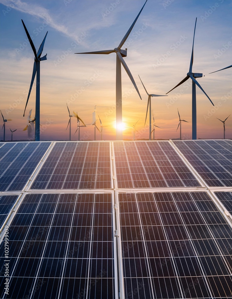 Solar cell panels and wind turbines can be seen standing tall under the sky at sunset.generative ai Solar cell panels and wind turbines can be seen standing tall under the sky at sunset.generative ai