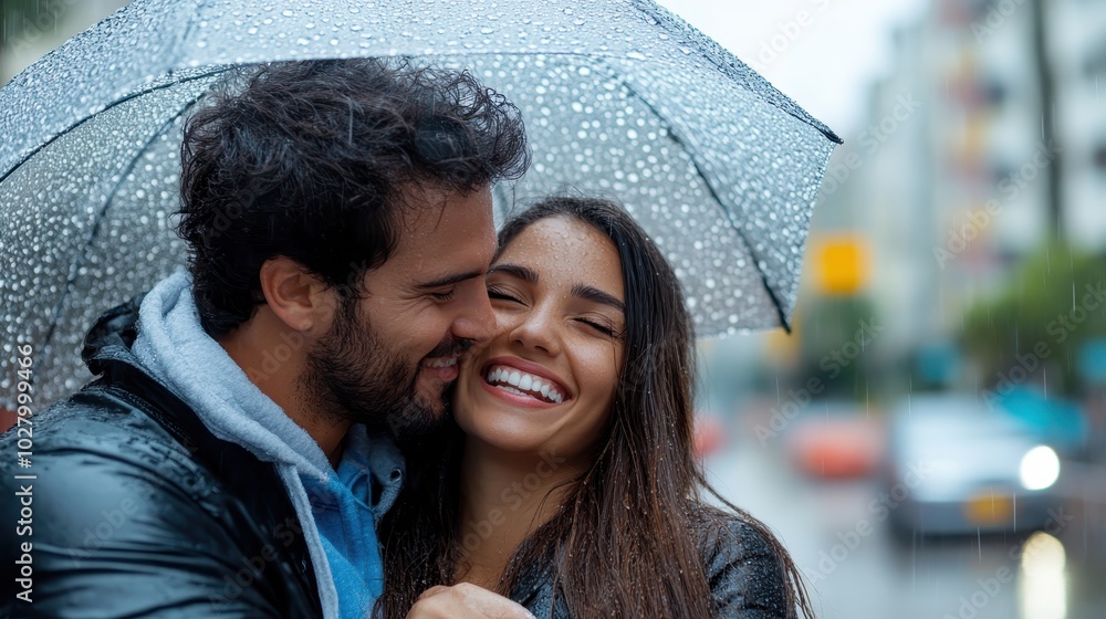 Cozy couple shares an intimate moment under an umbrella amidst a rainy backdrop, captured in an urban setting, reflecting warmth and togetherness despite the wet weather. Cozy couple shares an intimate moment under an umbrella amidst a rainy backdrop, captured in an urban setting, reflecting warmth and togetherness despite the wet weather.