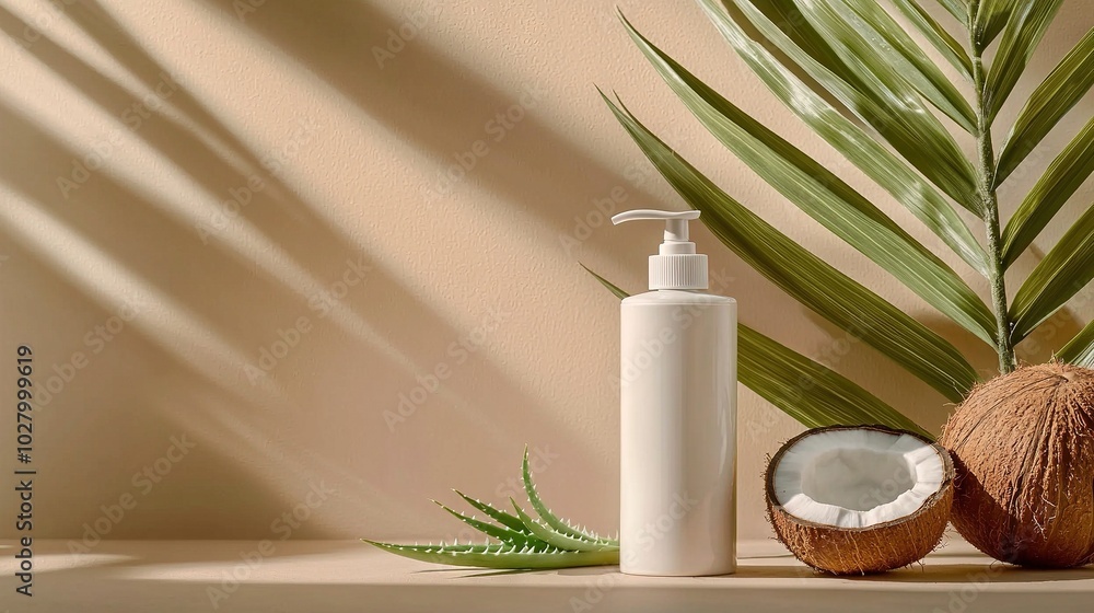 A bottle of lotion, a palm leaf, and a coconut on a table A bottle of lotion, a palm leaf, and a coconut on a table