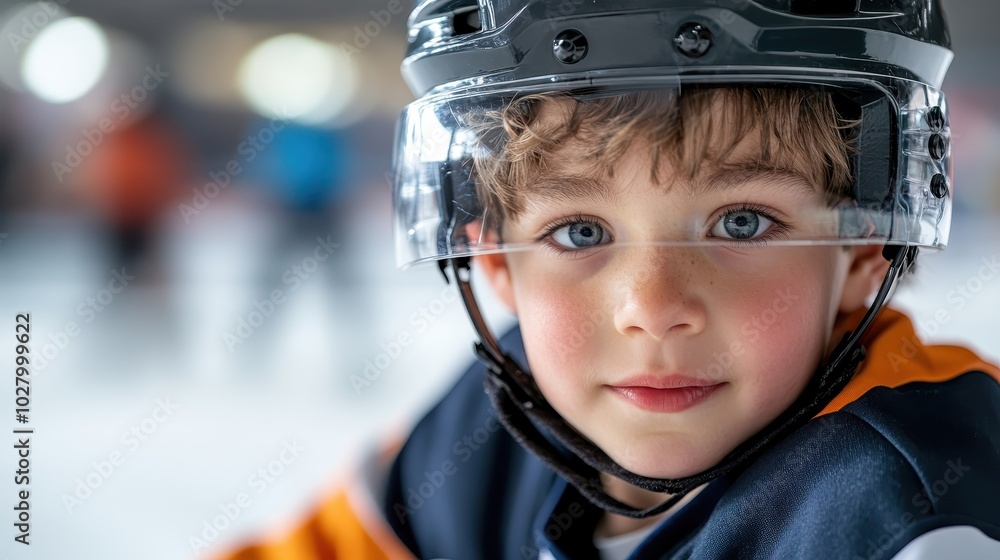 A close-up of a young child with curly hair wearing hockey gear and helmet, with an intense focus on their face. The background shows blurry figures on ice rink. A close-up of a young child with curly hair wearing hockey gear and helmet, with an intense focus on their face. The background shows blurry figures on ice rink.