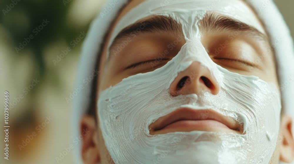 A close-up shot of a peaceful man wearing a creamy facial mask, illustrating a moment of personal care and tranquility in a luminous setting. A close-up shot of a peaceful man wearing a creamy facial mask, illustrating a moment of personal care and tranquility in a luminous setting.
