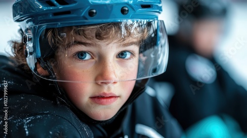 A young child with blue eyes and curly hair wearing a dark hockey helmet and jersey, capturing a moment of determination and focus during a practice session. photo