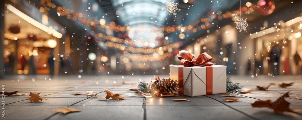 A beautifully wrapped gift sits elegantly in a vibrant shopping station decorated for Christmas, surrounded by festive lights and decorations, evoking holiday cheer. A beautifully wrapped gift sits elegantly in a vibrant shopping station decorated for Christmas, surrounded by festive lights and decorations, evoking holiday cheer.