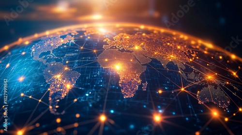 A glowing, digital map of the Earth with connected lines