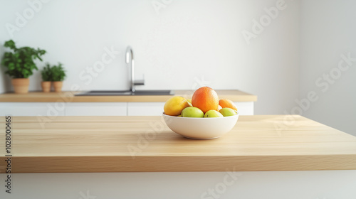 Simple Clean Kitchen with a Single Bowl of Fresh Fruit on a Wooden Countertop for a Healthy Lifestyle, generative ai