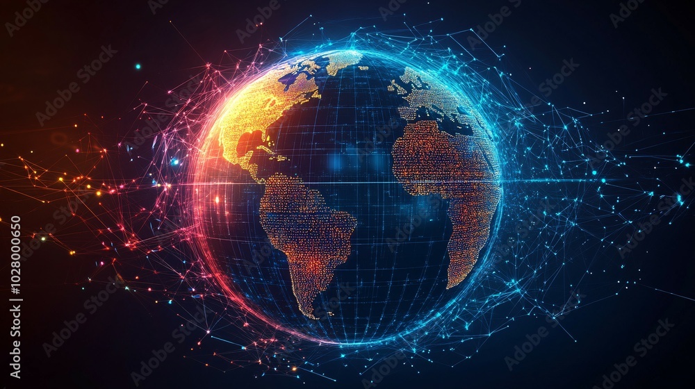 A glowing digital Earth connected by glowing lines. A glowing digital Earth connected by glowing lines.