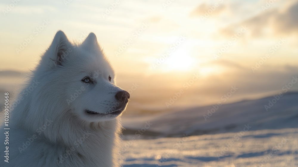 Obraz premium White Samoyed dog enjoying winter sunset over snowy landscape