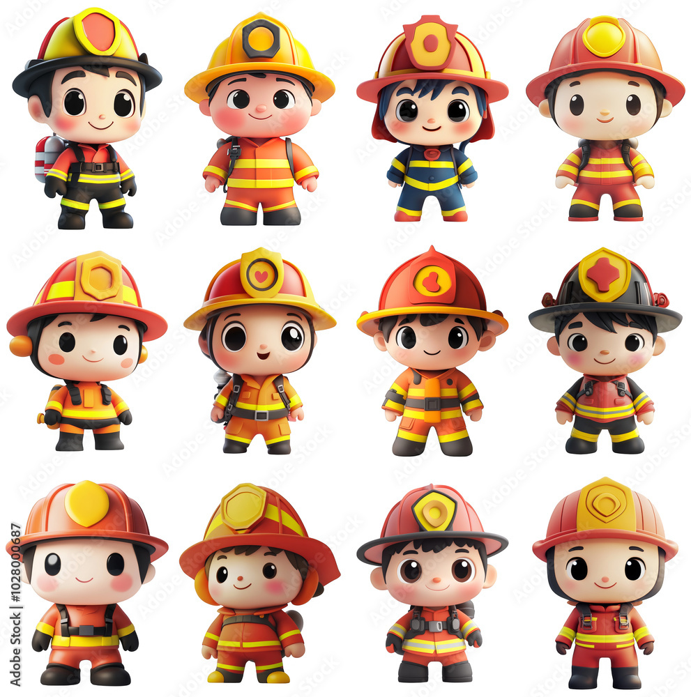 Obraz premium Cute Firefighter Cartoon Characters Set - Isolated Clear Background Illustration for Design Elements and Overlays