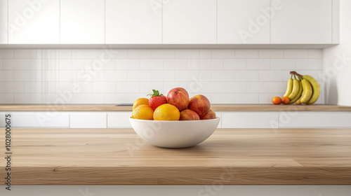 Simple Clean Kitchen with a Single Bowl of Fresh Fruit on a Wooden Countertop for a Healthy Lifestyle, generative ai
