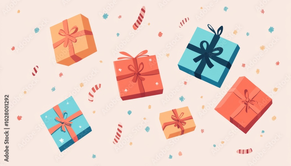 Colorful Wrapped Gifts Floating in the Air Against a Blank Background, Perfect for Holiday or Celebration Themes. Colorful Wrapped Gifts Floating in the Air Against a Blank Background, Perfect for Holiday or Celebration Themes.