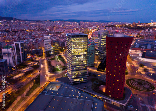 Canvas Print Panoramic view from drone of night Barcelona