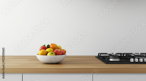 Simple Clean Kitchen with a Single Bowl of Fresh Fruit on a Wooden Countertop for a Healthy Lifestyle, generative ai