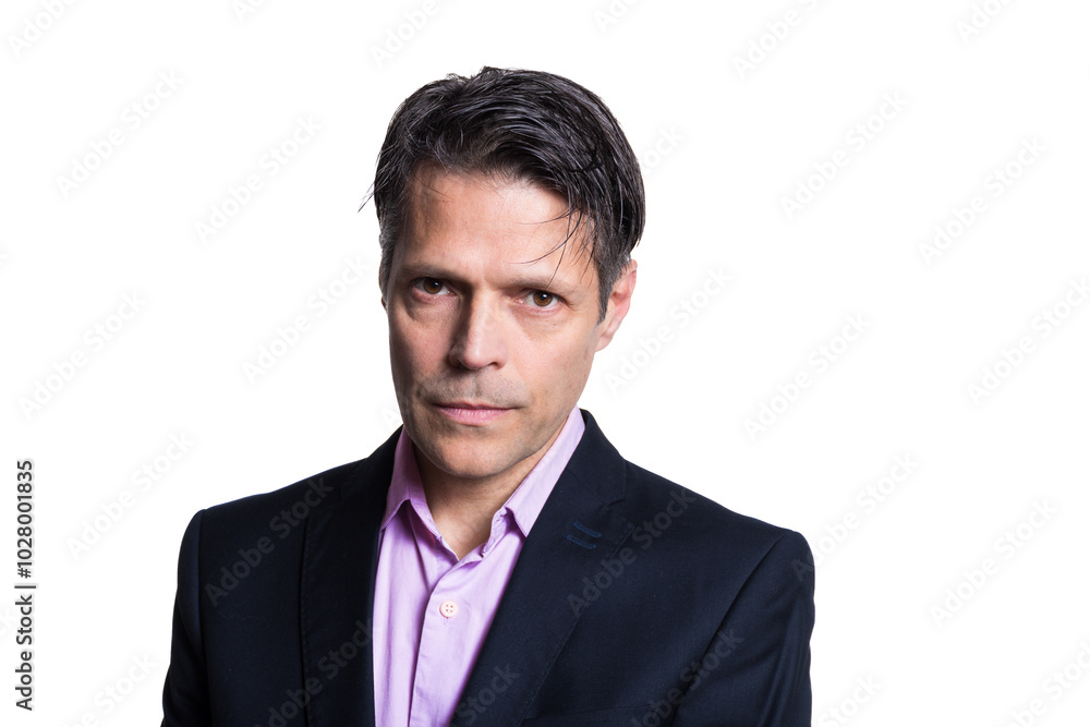 Middle-aged man looking at the camera, on white background, wearing formal clothes. Middle-aged man looking at the camera, on white background, wearing formal clothes.