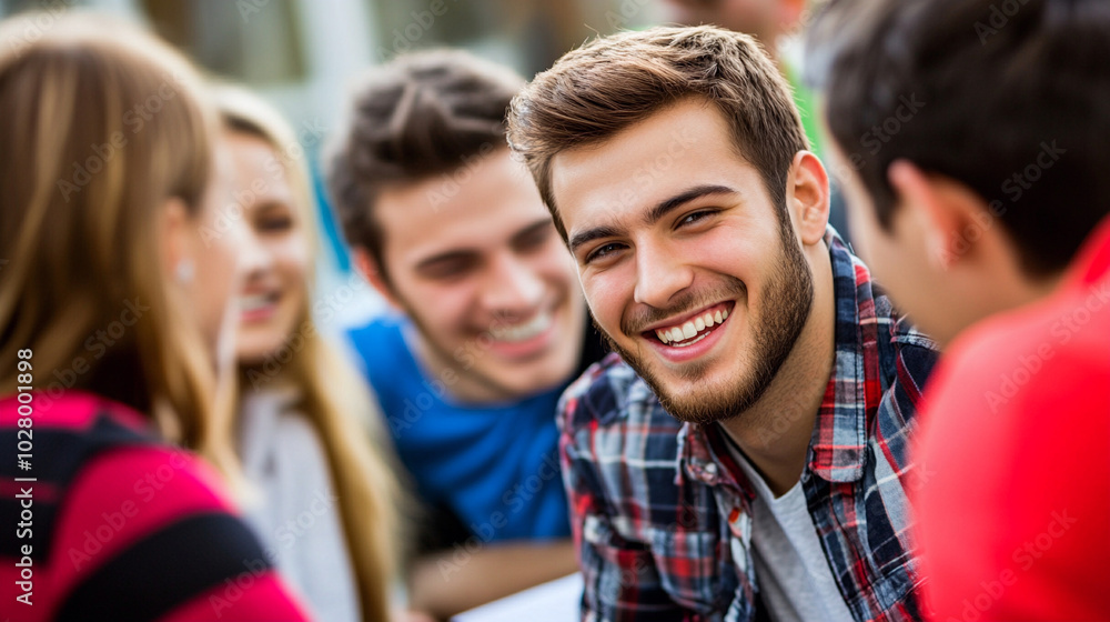 Fototapeta premium Cheerful young man laughing with friends in casual social setting