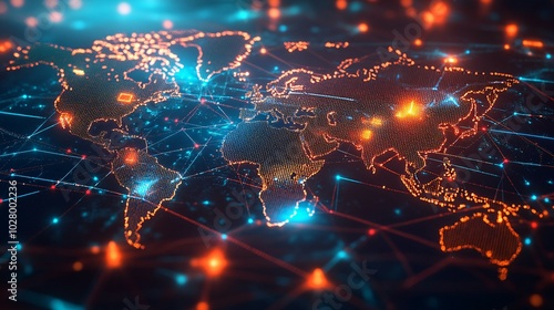 Digital World Map with Interconnected Network of Lines and Nodes