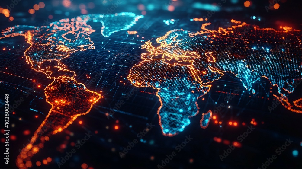 Digital World Map with Orange and Blue Glowing Lights Digital World Map with Orange and Blue Glowing Lights