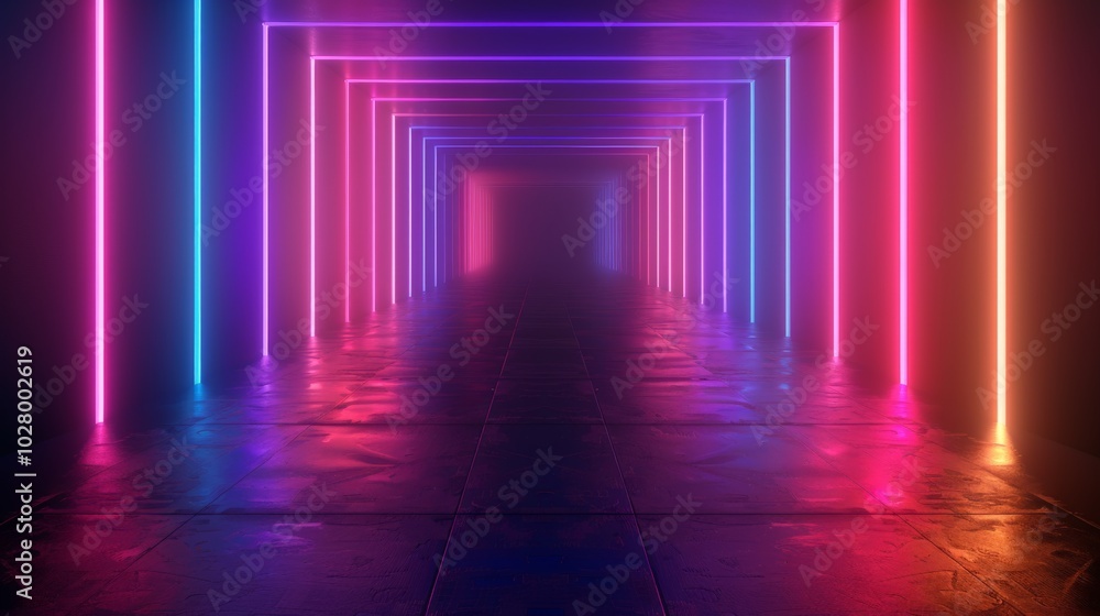 Corridor glowing with purple and blue neon lights, creating a vibrant and futuristic atmosphere Corridor glowing with purple and blue neon lights, creating a vibrant and futuristic atmosphere