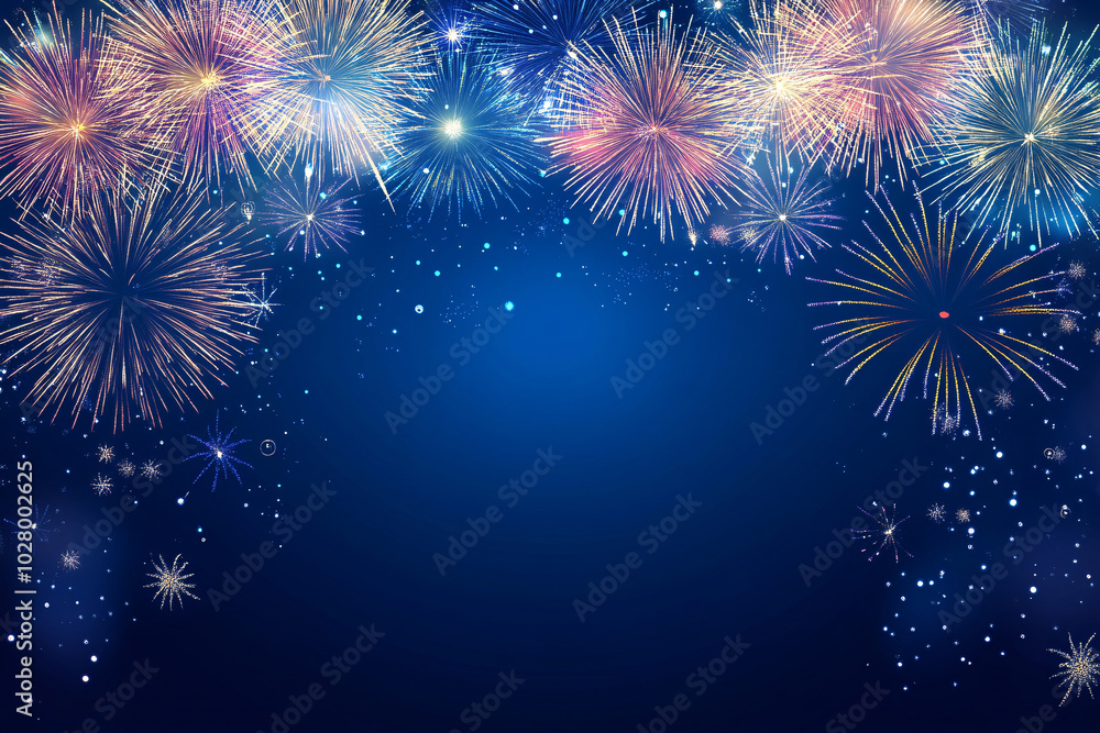 Fototapeta premium A vibrant display of colorful fireworks bursting in the night sky against a deep blue background creating a festive mood