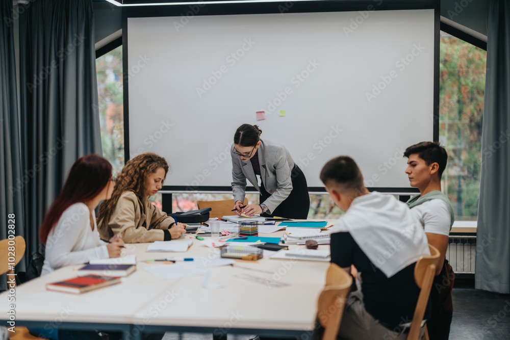 A group of students attentively participating in a lively classroom setting. They work together while a teacher provides guidance, fostering an atmosphere of learning and collaboration. A group of students attentively participating in a lively classroom setting. They work together while a teacher provides guidance, fostering an atmosphere of learning and collaboration.