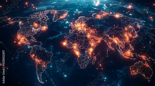 Illuminated World Map with Glowing Cities and Connections