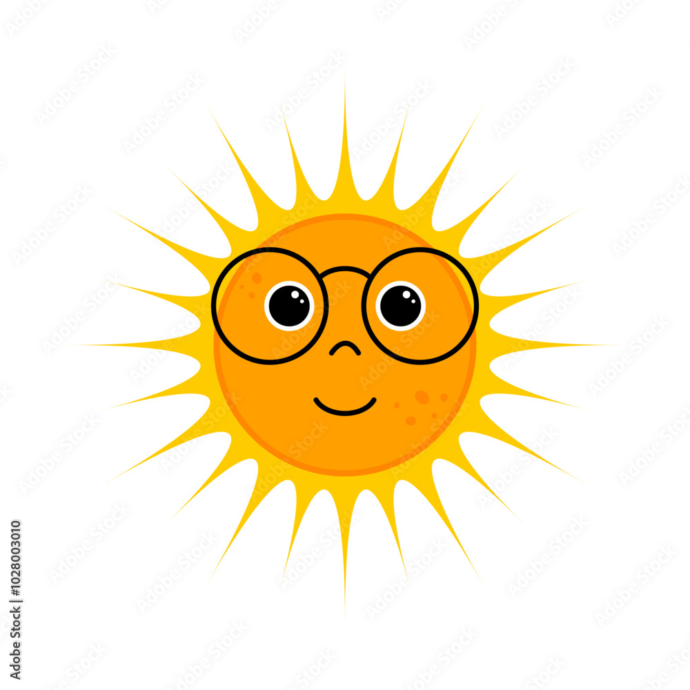 Cute orange sun with glasses in kawaii style. Symbol of sunshine, sunlight, joy, sunny weather. Vector illustration. Cute orange sun with glasses in kawaii style. Symbol of sunshine, sunlight, joy, sunny weather. Vector illustration.