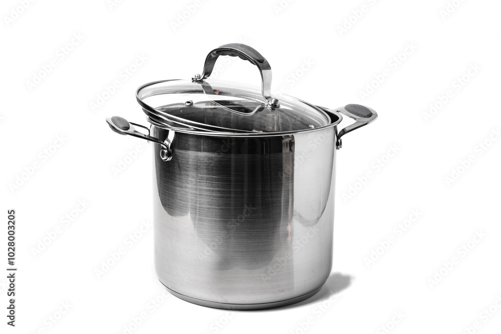 Steel stainless steel pan with glass lid on white background. Steel stainless steel pan with glass lid on white background.