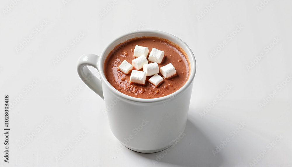 Cup of hot chocolate with marshmallows on a white background