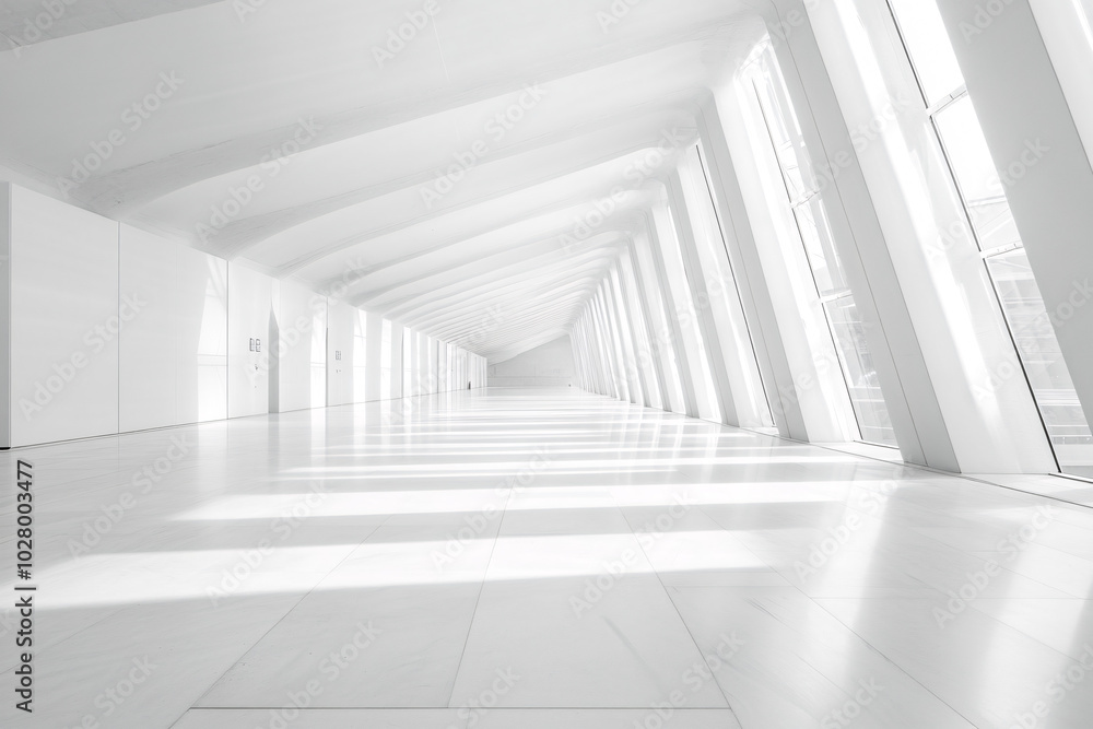 A bright, futuristic white corridor with large windows, geometric lines, and a minimalistic open layout, bathed in natural sunlight
A bright, futuristic white corridor with large windows, geometric lines, and a minimalistic open layout, bathed in natural sunlight