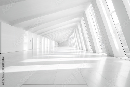 A bright, futuristic white corridor with large windows, geometric lines, and a minimalistic open layout, bathed in natural sunlight 