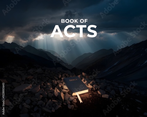 A Bible glows brightly in a darkened mountain range, with Book of Acts in bold white letters above  photo