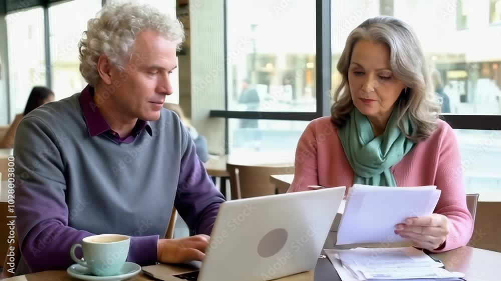 A man and a woman are sitting at a table in a cafeteria, working together with laptop. A man and a woman are sitting at a table in a cafeteria, working together with laptop.