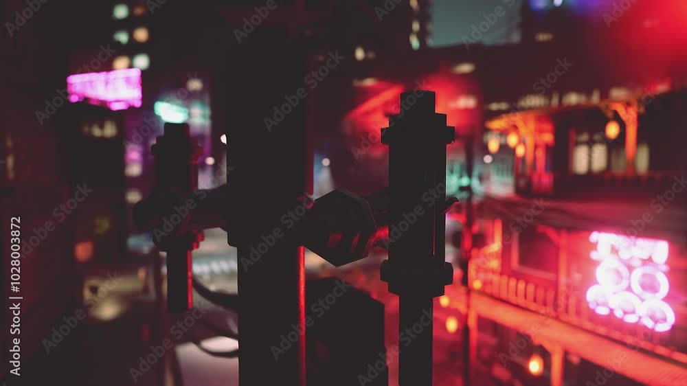 Urban cityscape with buildings illuminated at night seen through a window. Urban cityscape with buildings illuminated at night seen through a window.