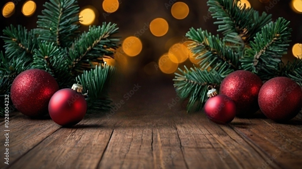 Christmas tree branch on a wooden table with bokeh lights background Christmas tree branch on a wooden table with bokeh lights background